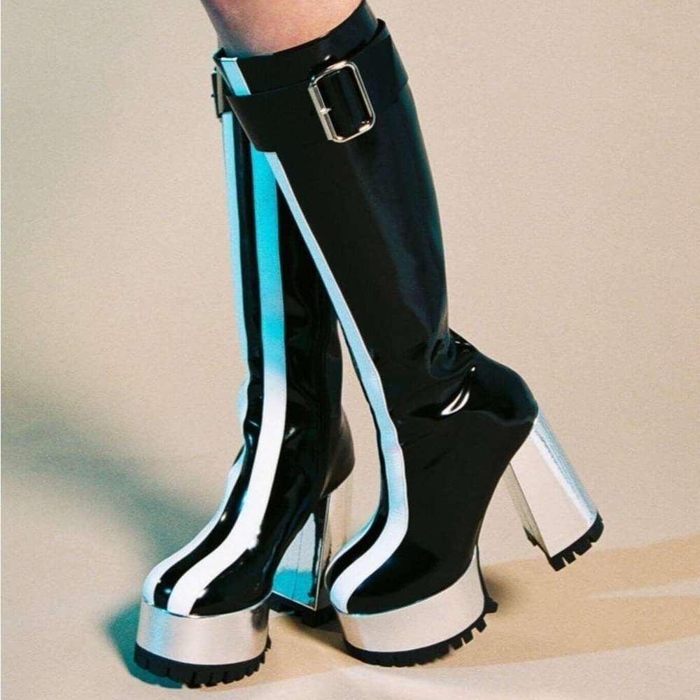 New Jeffrey Campbell Matrixing Platform Black and White Knee High Boots Size 8